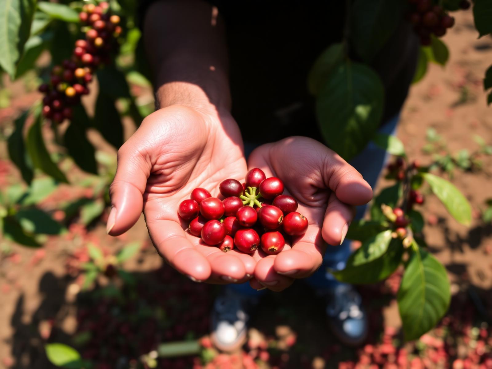 Hands holding ripe red coffee cherries on a Karnataka plantation